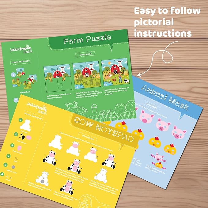 jackinthebox Farm Craft kit for 3 to 5 Year olds, 3 Craft Projects - Pretend Play Animal Masks, Farm Puzzle with Stickers, DIY Cow Notepad, Great Gift for Boys and Girls Ages 3 4 5 Years..
