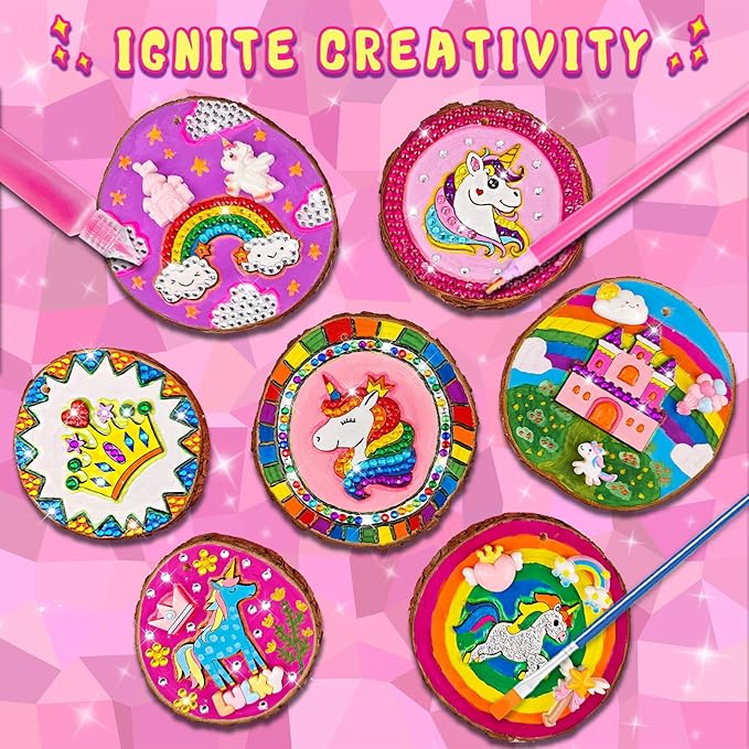 klmars Unicorn Themed Wooden Painting Kit-Glow in The Dark-Arts & Crafts Gifts for Kids Girls Ages 5-12-Wood Slice Craft Activities Kits -Unicorn Art Toys for Kids Christmas Gifts