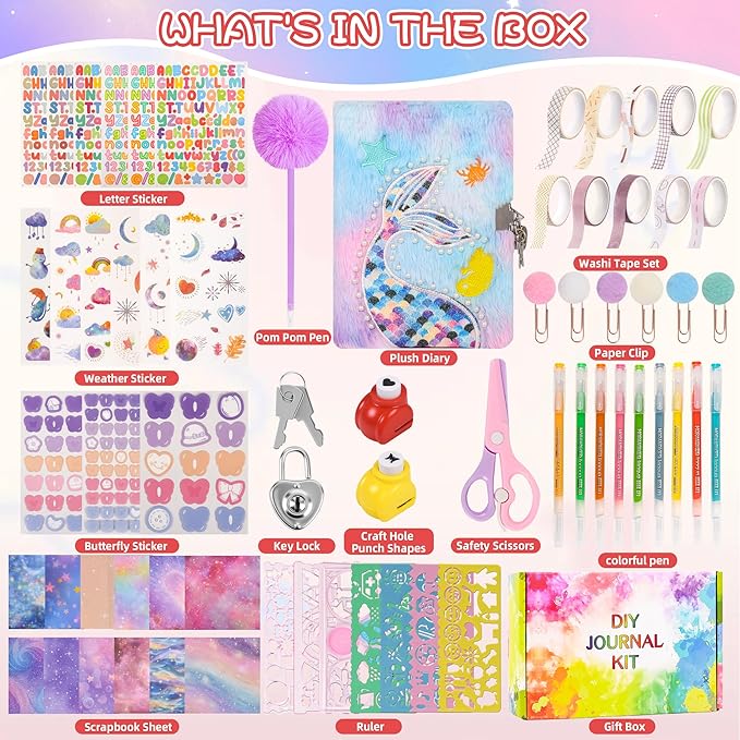 LiYiQ Plush Mermaid Diary Gift for Girls Kids Travel Journal Secret Diary with Scrapbook Paper Stickers Journal Stencils Pompom Pen and Washi Tape Practical Set Gift for Birthday Christma
