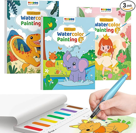 TECJOE 3 Pack Paint With Water Coloring Books for Toddlers, Watercolor Paint Set with 6 Brushes, Painting Activity for Kids Ages 4-8, Christmas Gift arts & Crafts Toy, Princess, Dinosaur & Forest