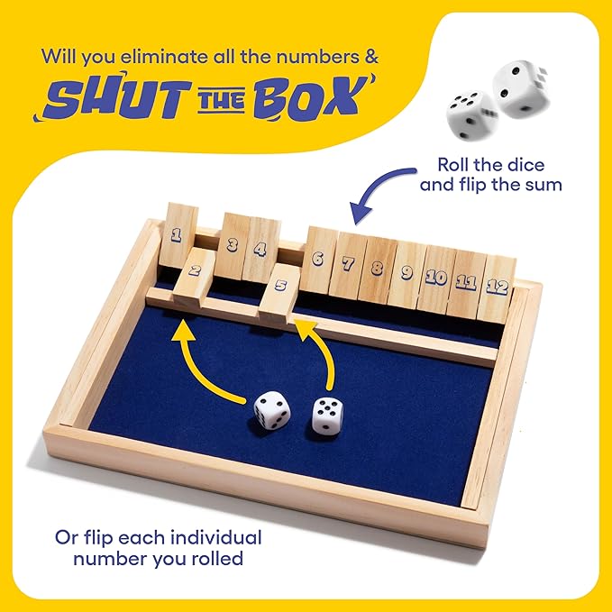 Shut The Box by Relatable, The Classic Choice for Tabletop Games, Math Games, Board Games for Kids and Adults, and Strategy Games, Includes 2 Dice, 1 Wooden Box, 1 Scorepad, and Instructions