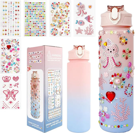 Valentines Day Gifts for Girls Decorate Your Own Water Bottle Kits for Girls 4-12 Girls Water Bottle Gem Stickers DIY Arts and Crafts Kits Supplies for Girls Birthday Easter Gifts for Girls Pink