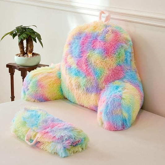 XeGe Fluffy Back Support Pillow Cover for Bed (No Filler), Tie Dye Faux Fur Backrest Pillow Case, Furry Reading Pillow Cover with Arms Adults Kids Girls, Fuzzy Sit Up Study Pillow for Floor, Rainbow