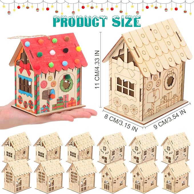 DoubleFill 24 Pcs Wood Gingerbread House Craft Kit for Kids DIY Wooden Christmas Birdhouse Craft Kits Holiday Village Houses Make a Gingerbread Wooden House for Xmas Party Game Craft Supplies