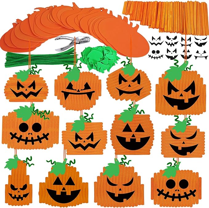 Winlyn 24 Sets Pumpkin Crafts Kits Halloween Crafts Fall Kids Crafts DIY Pumpkin Ornaments Decorations Art Sets Craft Sticks Pumpkin Foam Stickers Arts and Crafts for Kids School Classroom Activity