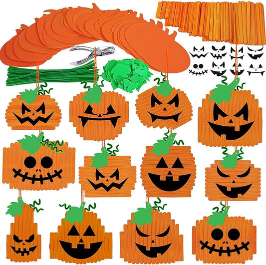 Winlyn 24 Sets Pumpkin Crafts Kits Halloween Crafts Fall Kids Crafts DIY Pumpkin Ornaments Decorations Art Sets Craft Sticks Pumpkin Foam Stickers Arts and Crafts for Kids School Classroom Activity