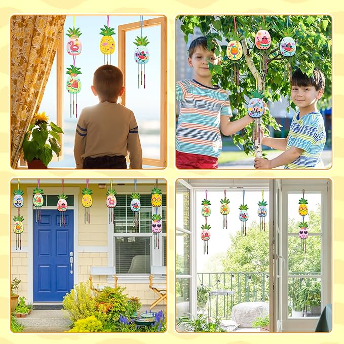Fennoral 9 Pack Pineapple Wind Chime Kit for Kids Make Your Own Pineapple Wind Chime Wooden Arts and Crafts for Girls Boys DIY Coloring Pineapple for Hawaii Summer Art Activity Birthday Party