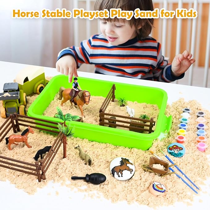 Sensory Bin - Horse Stable Playset Play Sand for Kids,Sandbox with Cover, 1.7 LB Magnetic Sand，Tractor and Stable, Rider and Horse,Rock Painting Kit,Sensory Toys for Autism 3 4 5 6 7 8 Year and Up