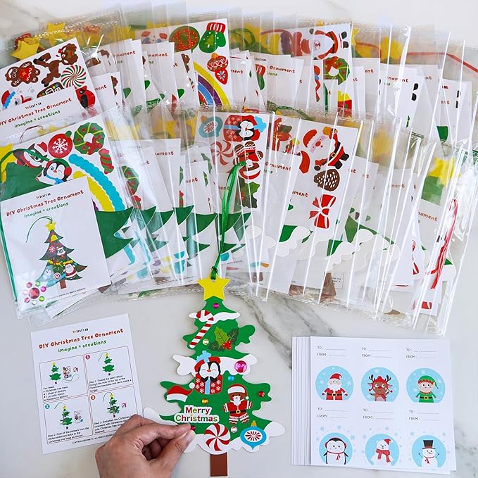 Winlyn 48 Sets Christmas Tree Ornaments Decorations Art Sets DIY Christmas Craft Kits Winter Crafts Pine Tree Snowman Snowflake Santa Xmas Stickers for Kids Holiday Classroom Activities Party Favors