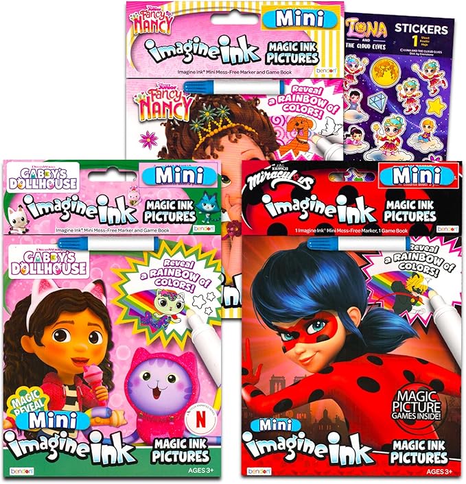 Mess Free Coloring Book Set for Girls Kids Toddlers - Bundle with 3 Imagine Ink Coloring Books with No Mess Invisible Ink Pens Featuring Miraculous Ladybug, Fancy Nancy, Gabby's Dollhouse