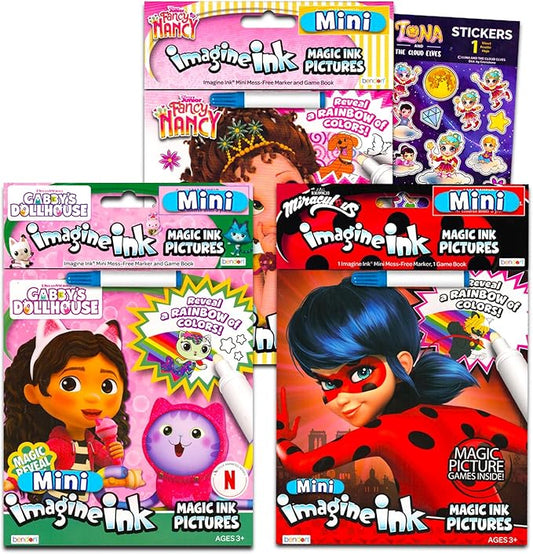 Mess Free Coloring Book Set for Girls Kids Toddlers - Bundle with 3 Imagine Ink Coloring Books with No Mess Invisible Ink Pens Featuring Miraculous Ladybug, Fancy Nancy, Gabby's Dollhouse