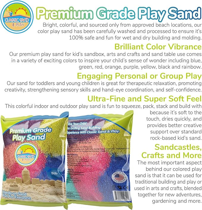 Classic Sand and Play Rainbow Colored Play Sand, 5 lb. Bag, Natural and Non-Toxic, Fun Wet and Dry Indoor and Outdoor, Sandbox, Therapy, and Table Use, Building, Stimulate Sensory Needs