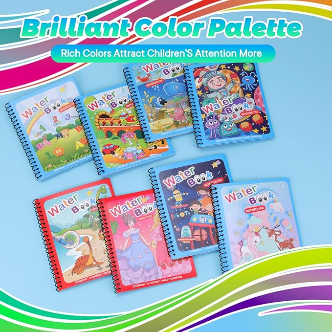 XBagSJ 8 Pack Reusable Water Coloring Books for Toddlers, Paint with Water Books,Mess-Free Coloring Book, Portable Educational Doodle Drawing Toy, Improving Children's Imagination, Color Perception