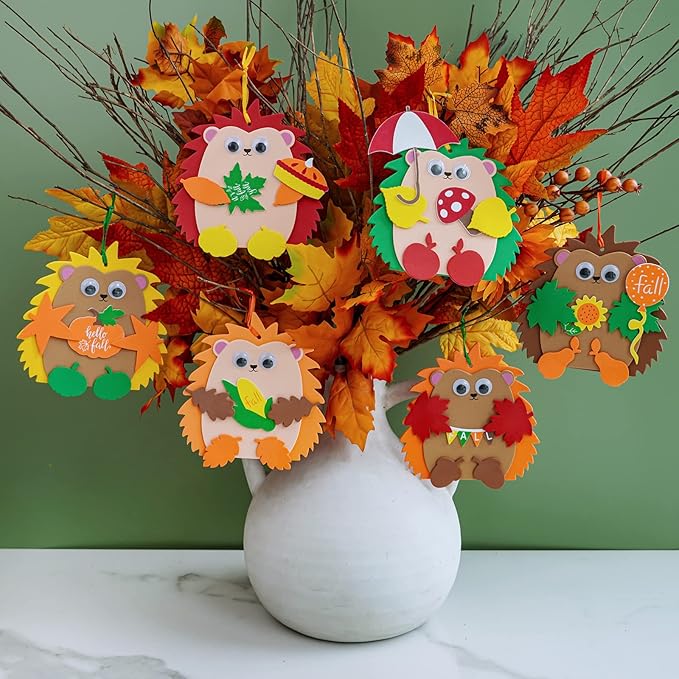 Winlyn Fall Craft Kits 24 Sets DIY Fall Hedgehog Ornaments Decorations Art Sets Autumn Maple Leaf Pumpkin Foam Stickers Googly Eyes for Kids Thanksgiving Halloween Classroom Activities Party Favors
