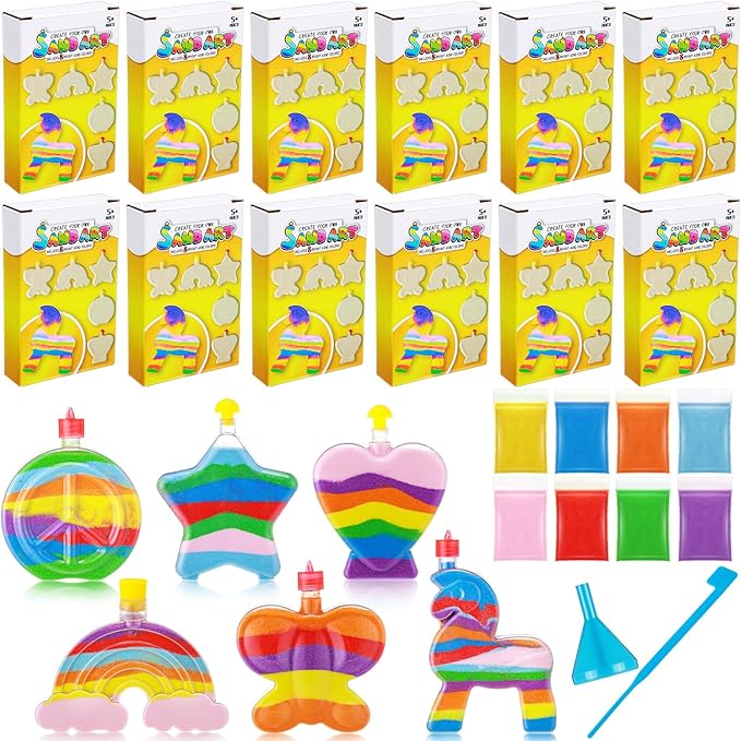Vertintong 24 Sets Kids Sand Art Activity Kit for Birthday Party Favors Create Your Own Colored Sand Art Includes Sand Bottles with Funnels and Sticks, Bags of Sand for DIY Craft 1960s Party Favors