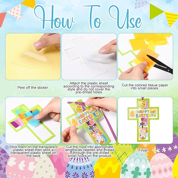 Tinlade 24 Set Happy Easter Suncatcher Craft Kit Religious Cross Suncatcher Craft Window DIY Tissue Paper Suncatcher Decoration Ornament for Easter Holiday Activities Sunday School VBS Party Favors