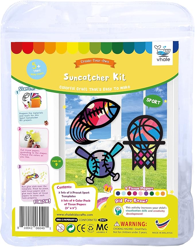VHALE Suncatchers Craft 3 Sets (9 Cutouts) w Tissue Papers Stained Glass Effect Paper Sun Catcher Kit, Window Art, Classroom Crafts, Creative Art Projects, Kids Party Favors (Sport)