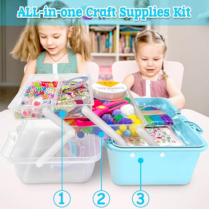 LINAYE 2500+PCS Arts and Crafts Supplies for Kids, DIY Craft Supplies Kit Box for Ages 6-8, Arts and Crafts Kit for Kids, Crafting Supply Set for Girls Boys Birthday Christmas Gifts, Light Blue