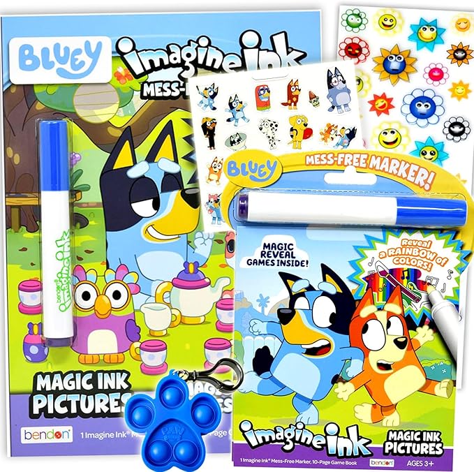 Bluey Magic Ink Coloring Book Set for Kids- Bundle with 2 Bluey Imagine Ink Coloring Books with Invisible Ink Pens, Stickers and More