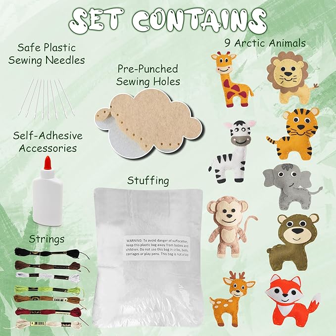 MOMOTOYS Kids Sewing Kit for Kids, Fun & Educational Wild Animals Sew Craft Set for Boys and Girls Ages 8-12, Complete Beginner Sewing Kit with Felt Plushie for Creative DIY Projects