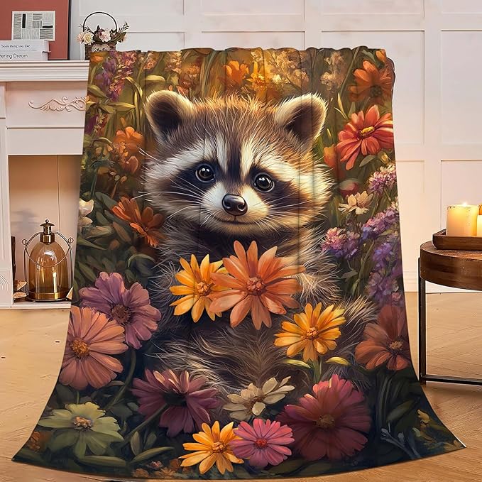 Raccoon Throw Blanket Cute Cartoon Raccoon Gifts for Kids Girls Boys Adults Women Men Soft Cozy Warm Plush Fluffy Fuzzy Fleece Blanket Birthday Festival Home Decor 40''X50''