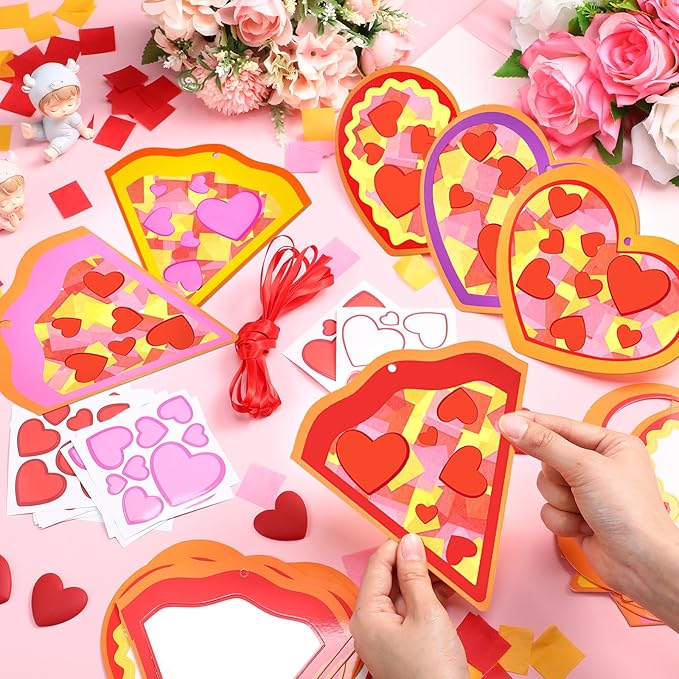Tinlade 24 Pcs Valentine‘s Day Craft Kit Pizza Heart Shaped Suncatcher Craft Window DIY Tissue Paper Decoration Ornament for Classroom Valentines Party Favor Supplies