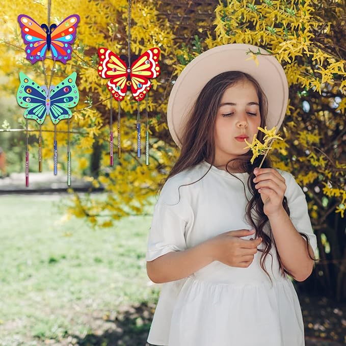 Fennoral 8 Pack Butterfly Wind Chime Kits for Kids Make Your Own Butterfly Wind Chimes Wooden Arts and Crafts Ornaments DIY to Paint Butterfly Craft for Fall Art Activity Birthday Decoration