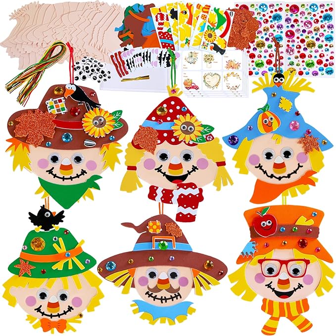 Winlyn 24 Sets Fall Craft Kits Autumn Scarecrow Crafts Fall Scarecrow Head Craft Kits Maple Leaves Pumpkins Harvest Foam Stickers Arts and Crafts for Kids Classroom Activities Holiday Party Favors
