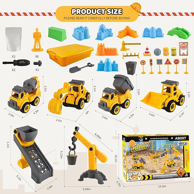 Asoxt Construction Sensory Playset - 43pcs Play Sand Art Kit- 2 lbs Sand,Sandbox,4 DIY Construction Trucks,Crane,Conveyor,8 Sand Molds,6 Figures,12 Road Signs - Ideal Toy for Boys & Girls Ages 3+