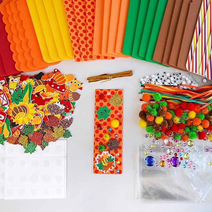 Winlyn 32 Sets Fall Crafts Kits DIY Fall Bookmarks Decorations Art Sets Maple Leaves Smile Face Owl Turkey Pumpkins Foam Stickers Arts and Crafts for Kids Thanksgiving Halloween Classroom Activities
