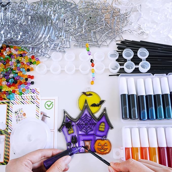 Winlyn 27 Sets Halloween Suncatchers Ornaments Decorations DIY Window Paint Art Suncatchers Halloween Craft Kits Bat Ghost Spider Monster Sun Catchers for Kids Classroom Party Activities Art Project