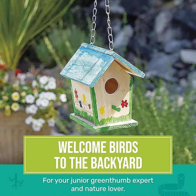 Beetle & Bee Build A Bird Bungalow - DIY Kid Art Craft Outdoor Birdhouse Kit, House Painting Kit for Kids, Hardware Glue Included- 4 Paints, 1 Brush, 7 Wooden Pcs, Chain For Tree Hanging Age 5+