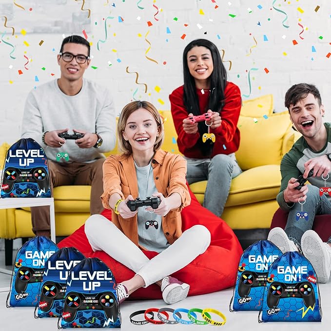 Nosiny 72PCS Video Game Party Favors Birthday Include 24 Video Game Goodie Drawstring Bags 24 Silicone Bracelet 24 Controller Keychain for Kids for Party Supplies(Fresh, Blue)