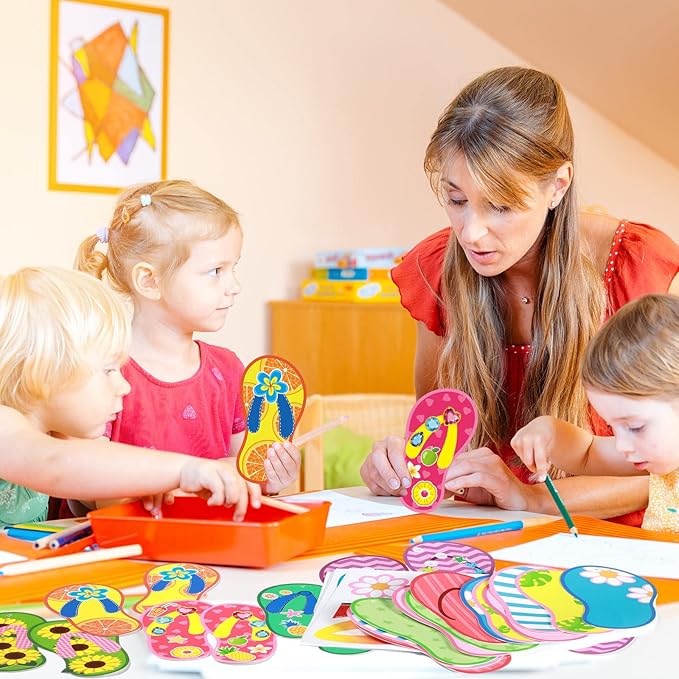 Harloon 48 Set Flip Flop Craft Kits for Kids Summer DIY Flip Flop Sticker Art Craft Set Preschool Craft Kits Kids DIY Flip Flop Art Craft for Summer Hawaiian Party Classroom Home Game Activities Favor