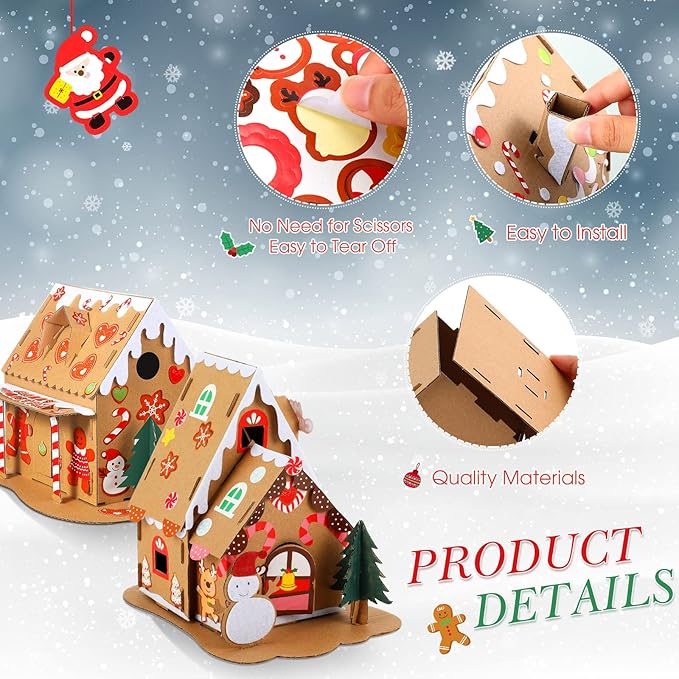 Yunsailing 6 Set Christmas Cardboard Gingerbread House Kit Christmas DIY Crafts Decorations Fun Xmas Holiday Home Party Gifts