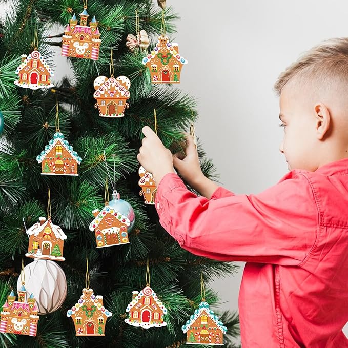 GuassLee Christmas Ornaments Art and Crafts for Kids - 28pcs DIY Christmas Gingerbread House Cutouts with Christmas Lollipop Candy Cane Stickers for Xmas Tree Home Party Favors Classroom Art Activity