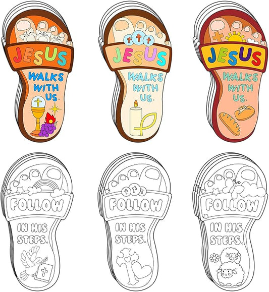 Dvbonike 24Pcs Sunday School Crafts for Kids Color Your Own Jesus Walks with Us Craft Kit Christian Religious Footprint Coloring Card DIY Drawing Party Gifts VBS Home Classroom Art Activity Supplies