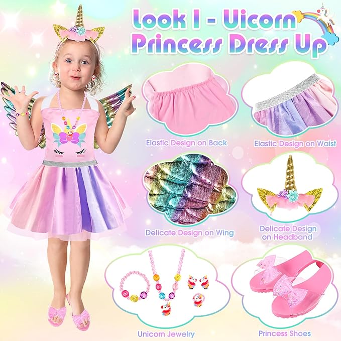 Toddlers Princess Dress Up Clothes for Little Girls 3 4 5 6, Unicorn & Mermaid Kids Dress Up Princess Costume with Wing, Shoes, Play Jewelry, Kids Pretend Play Princess Toys Gifts for Girls Toddlers
