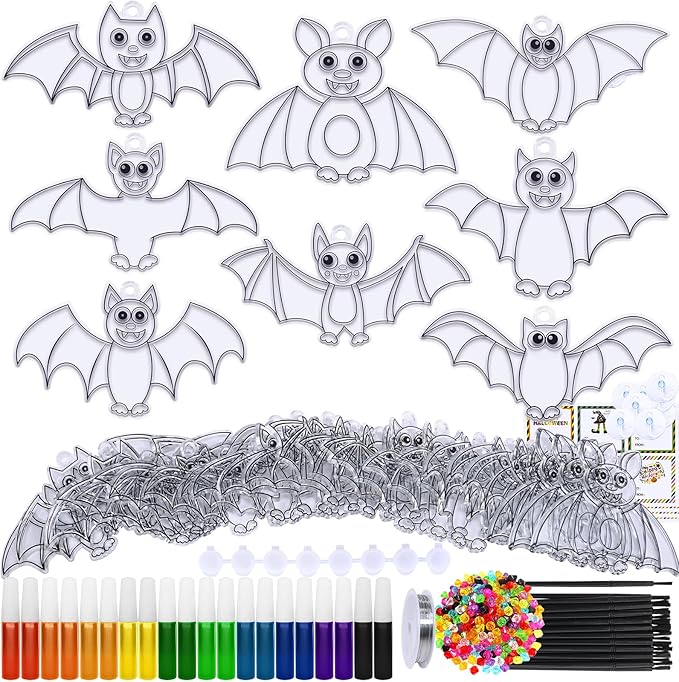 Winlyn 24 Sets Halloween Bat Suncatchers Ornaments DIY Window Paint Art Suncatchers Halloween Craft Kits Bat Suncatchers Painting Kits for Kids Classroom Activities Fall Halloween Party Art Projects