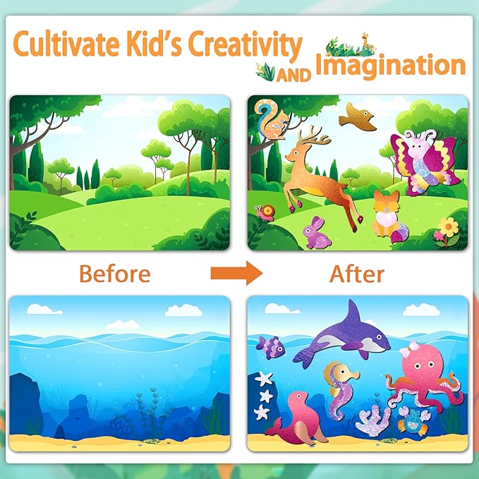 SOOVSY 200 Sheets Animals Foil Art Fun Kit for Kids, Foil Art for Kids Crafts Kit DIY Creative Activity Birthday Travel Toys for 4 5 6 7 8 9 Years Old Kids Girls Boys Arts & Crafts