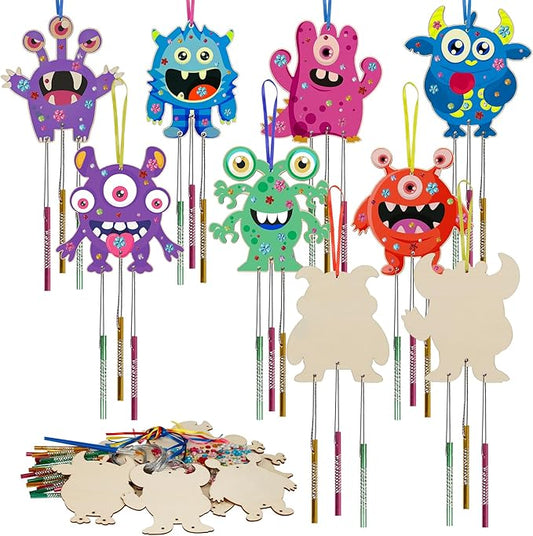 Fennoral 9 Pack Monster Wind Chime Kit for Kids Make Your Own Monster Wind Chimes Wooden Arts and Crafts for Girls Boys DIY Coloring for Christmas Art Activity Party Decoration Birthday Gifts