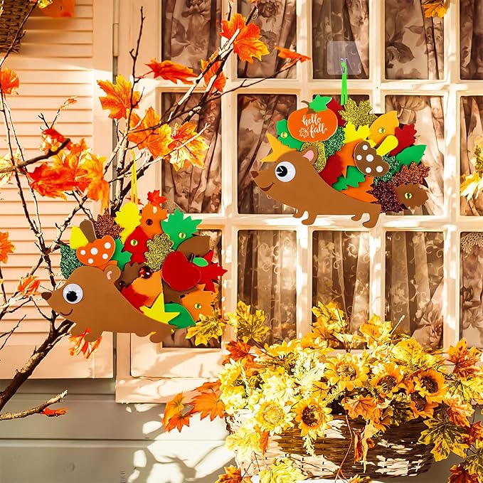 Winlyn 24 Sets Fall Craft Kits Fall Kids Crafts DIY Fall Leafy Hedgehog Ornaments Decorations Art Sets Autumn Leaf Foam Stickers Arts and Crafts Googly Eyes for Kids Thanksgiving Classroom Activities