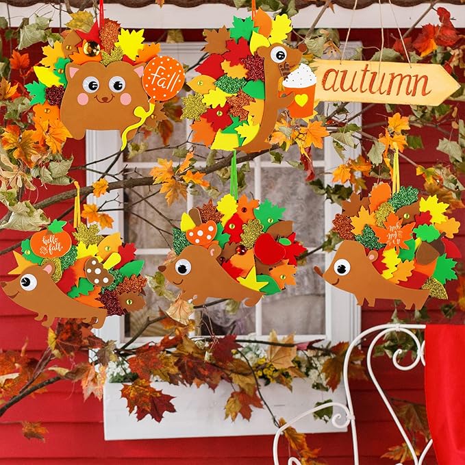 Winlyn 24 Sets Fall Craft Kits Fall Kids Crafts DIY Fall Leafy Hedgehog Ornaments Decorations Art Sets Autumn Leaf Foam Stickers Arts and Crafts Googly Eyes for Kids Thanksgiving Classroom Activities