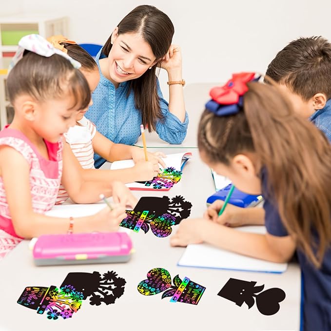 BeYumi Flower Scratch Cards Craft - 60Pcs Valentine’s Day Flower Scratch Cards Craft Kit for Kids DIY Flower Pot Heart Magic Rainbow Color Craft Valentine Gift School Classroom Home Fun Activities