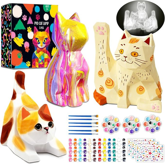 FUNZBO 3Pcs Paint Your Own Cat Lamp Kit - Art & Craft Supplies Kitten Painting Kits, Arts and Crafts for Kids Adults, DIY Night Light Toys Christmas Gift for Girls Boys Ages 3 4 5 6 7 8 9 10 11 12 13+