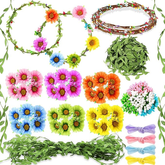 Syhood Daisy Crowns Making Kit, 109 Pieces Parts, Make Your Own Flower Crown Wreath Headbands and Bracelets Craft Kit Hair Accessories Handmade DIY Floral Crown Garland Kit Presents for Girls