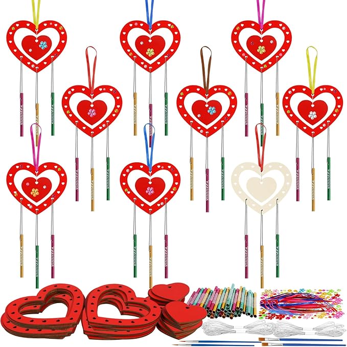 Fennoral 27 Pack Heart Wind Chime Kit for Kids Make You Own Red Heart Wind Chimes Mother's Day Wooden Ornaments for Kids Art and Craft Party Decoration