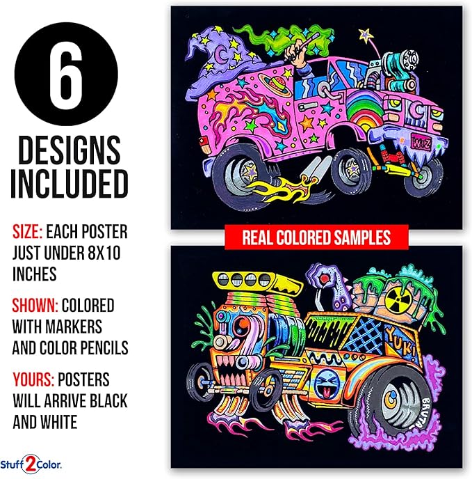 Stuff2Color Monster Cars and Trucks Fuzzy Poster Coloring Poster 6-Pack (Coloring Fun for Boys and Toddlers) - Great for Quiet Time, Coloring with Friends, or as a TV-Off Activity