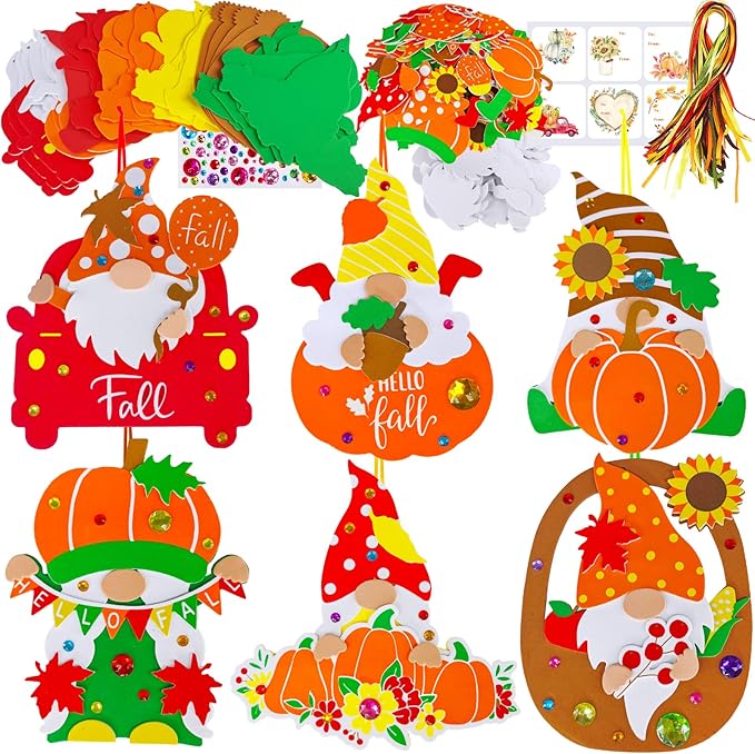 Winlyn 24 Sets Thanksgiving Gnome Decorations Art Sets Fall Crafts Thanksgiving Kids Crafts Thanksgiving Craft Kits Autumn Gnome Pumpkin Foam Stickers Arts and Crafts for Kids Adults Favors Activities