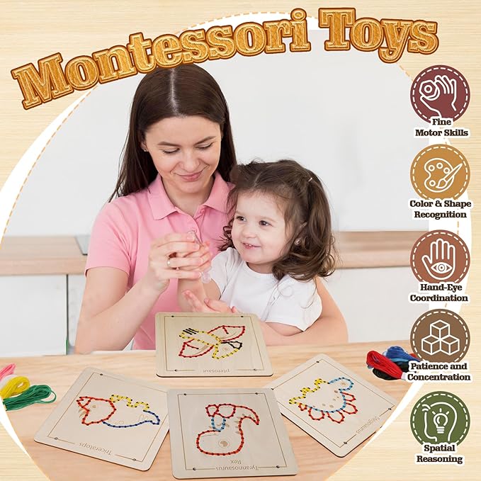 Montessori Wooden Lacing Dinosaur Toys for Toddlers and Kids Ages 2-4 5-7, Sewing Kit Fine Motor Skill Busy Board, Education Sensory Preschool Toy for 1 2 3 4 Year Olds, Birthday Gift for Boys Girls